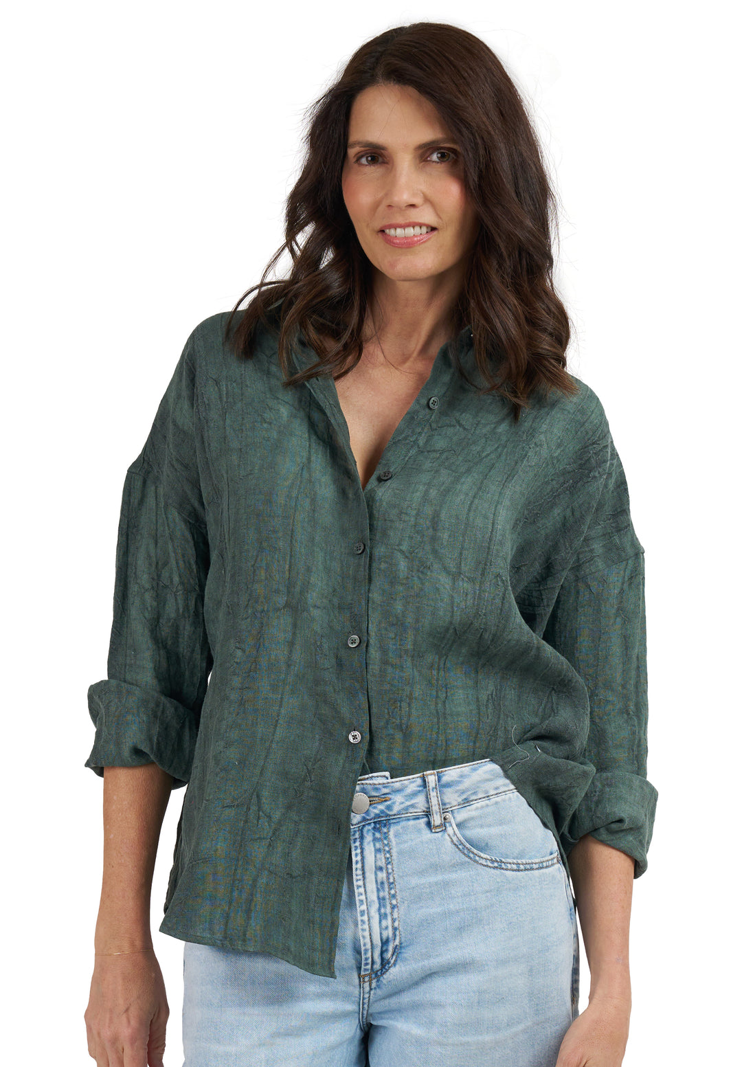 Exalina Green Tie-Dye Crinkle Linen Shirt