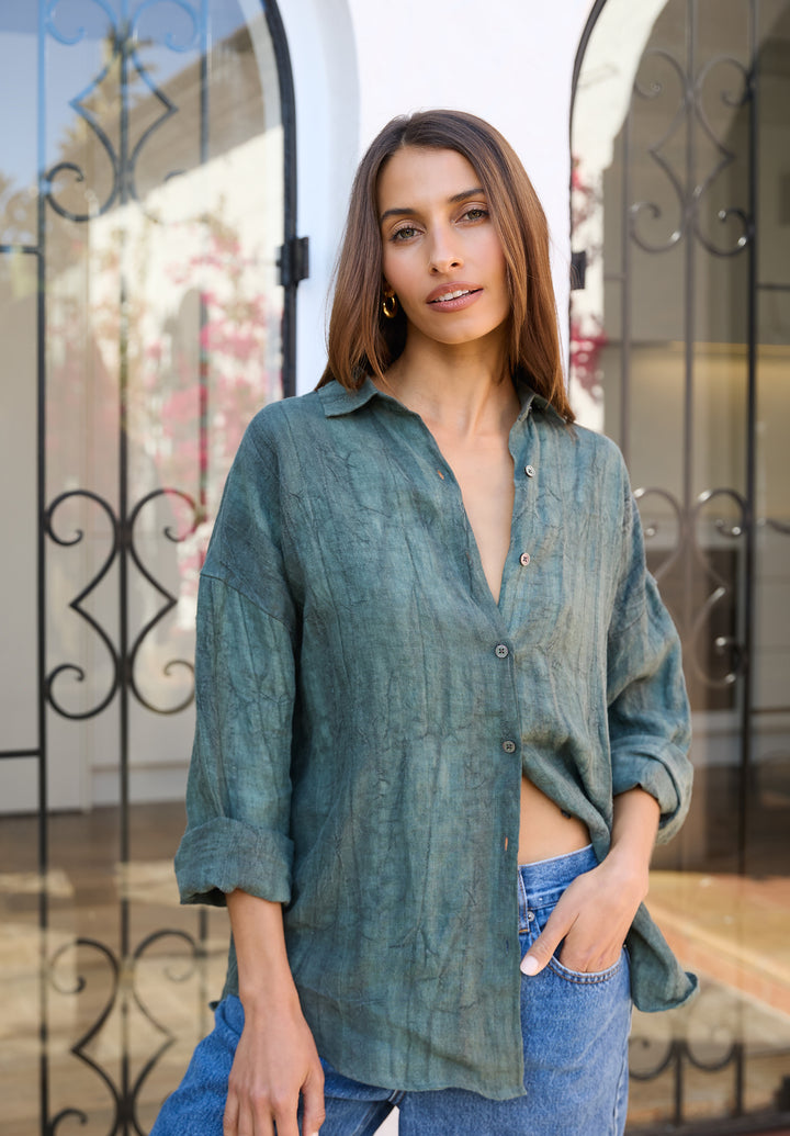 Exalina Green Tie-Dye Crinkle Linen Shirt