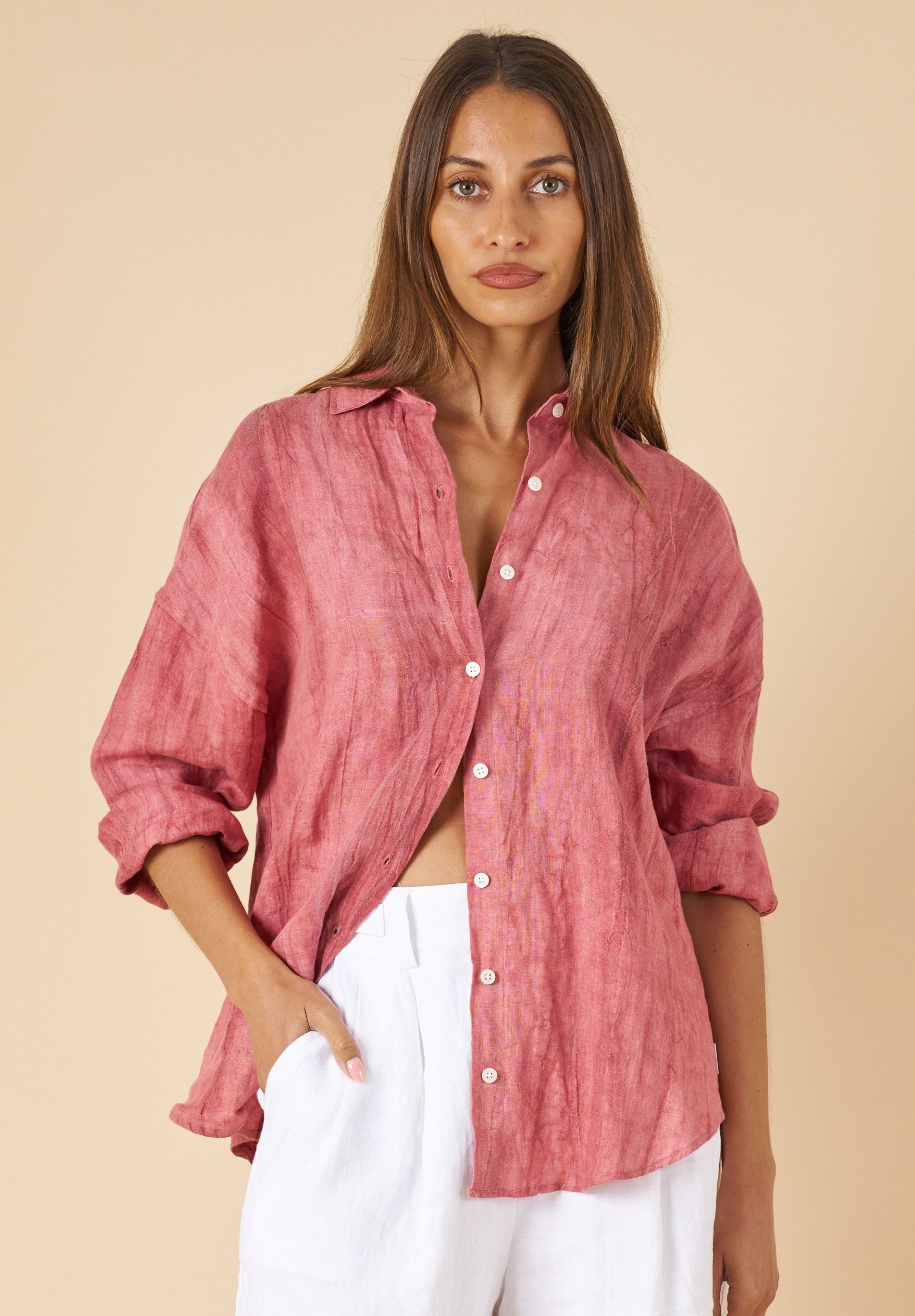 Exalina Washed Red Tie-Dye Crinkle Linen Shirt