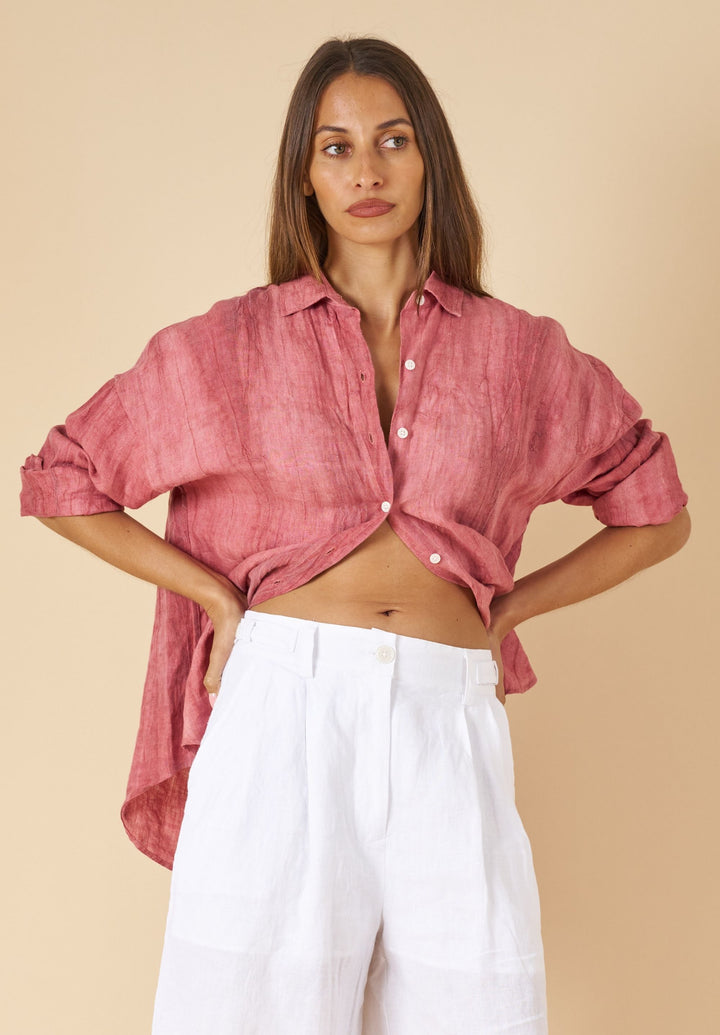 Exalina Washed Red Tie-Dye Crinkle Linen Shirt