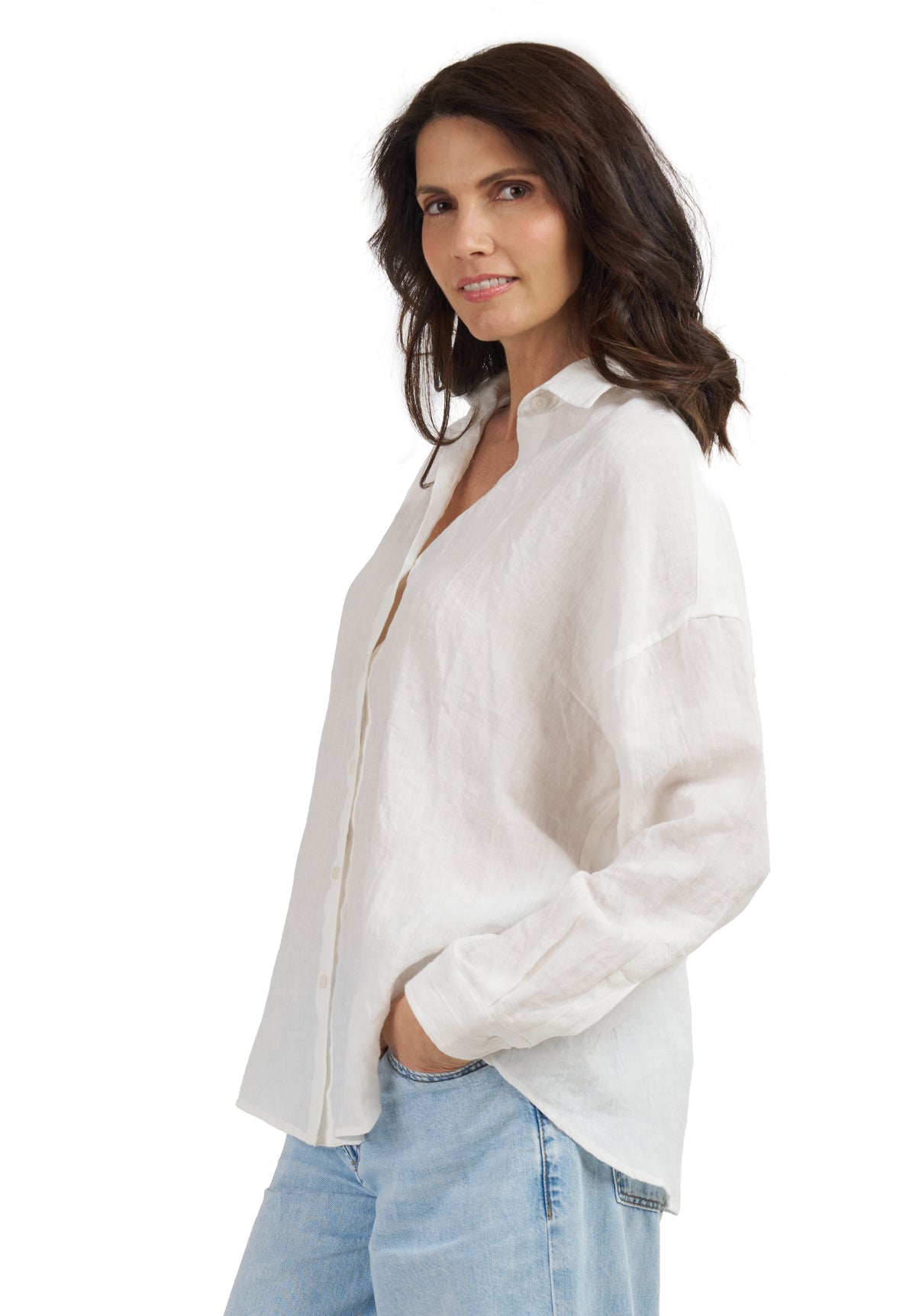 Exalina Ivory White Crinkle Linen Oversized Shirt