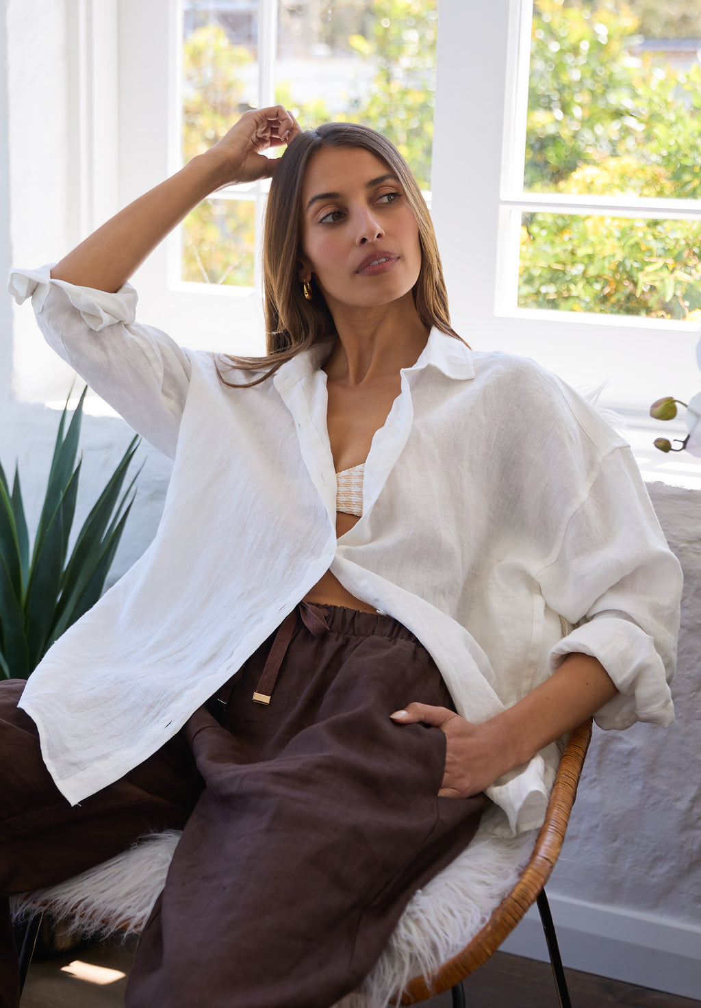 Exalina Ivory White Crinkle Linen Oversized Shirt