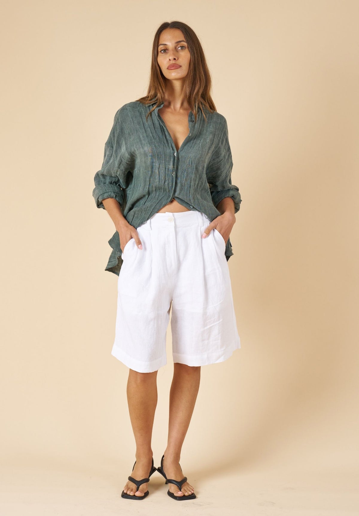 Exalina Green Tie-Dye Crinkle Linen Shirt