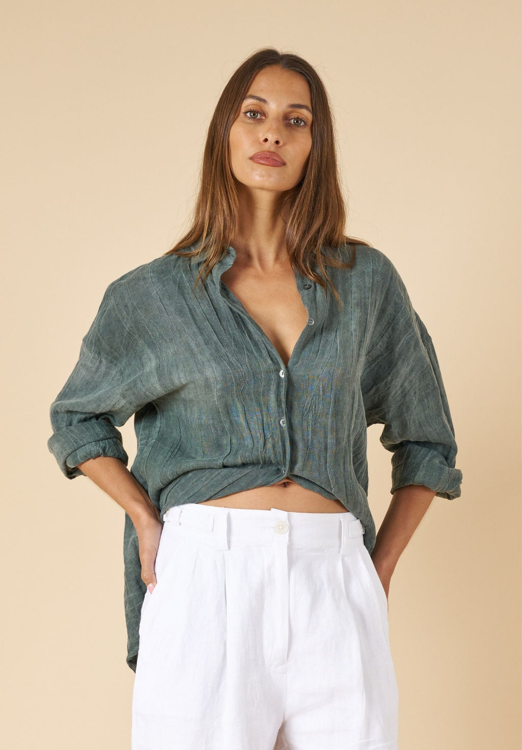 Exalina Green Tie-Dye Crinkle Linen Shirt