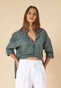 Exalina Green Tie-Dye Crinkle Linen Shirt