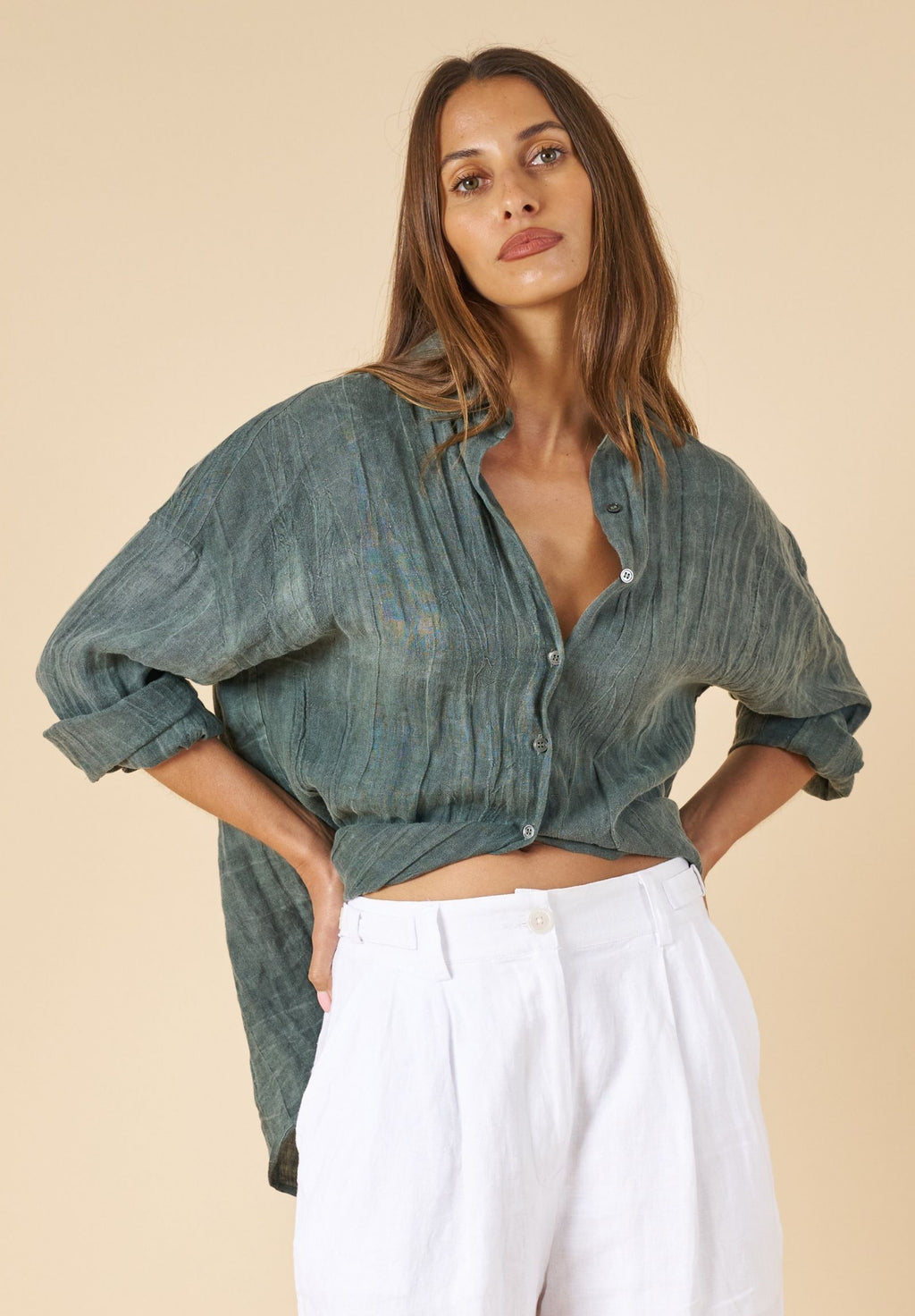 Exalina Green Tie-Dye Crinkle Linen Shirt