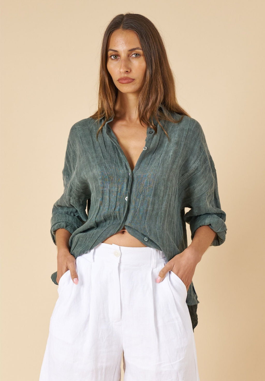 Exalina Green Tie-Dye Crinkle Linen Shirt