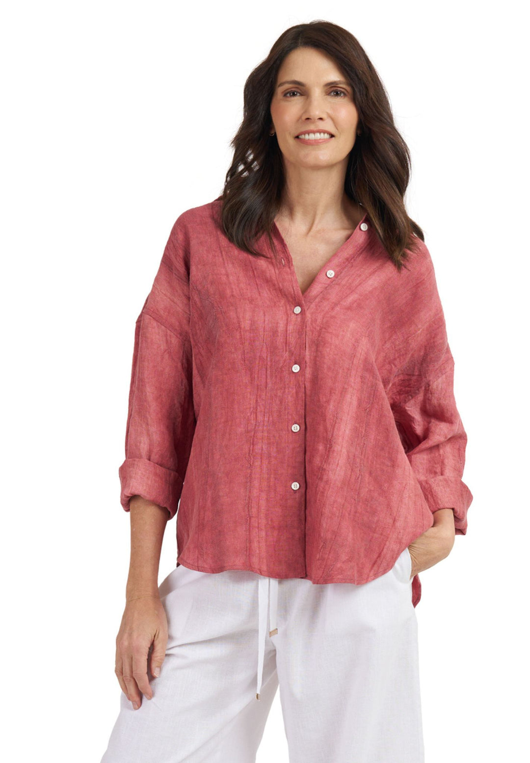 Exalina Washed Red Tie-Dye Crinkle Linen Shirt