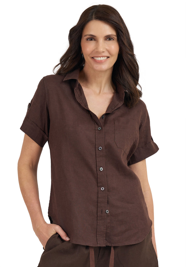 Febe-SS Coffee Linen Camp Shirt