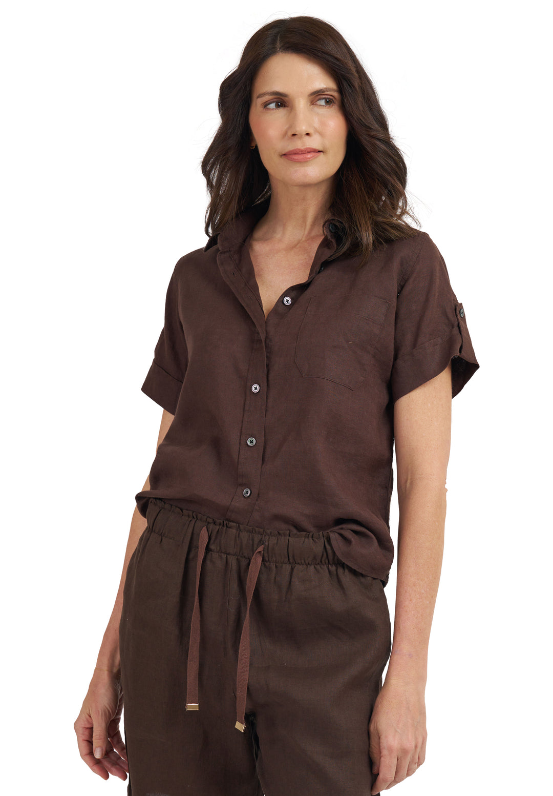 Febe-SS Coffee Linen Camp Shirt