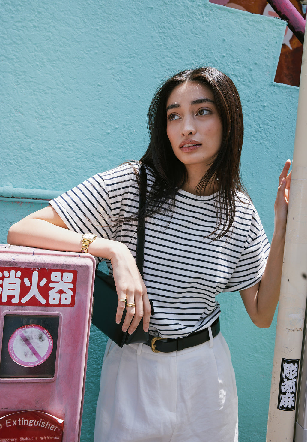 Francy-Cotton White Blue Stripes Rolled Sleeve T-Shirt