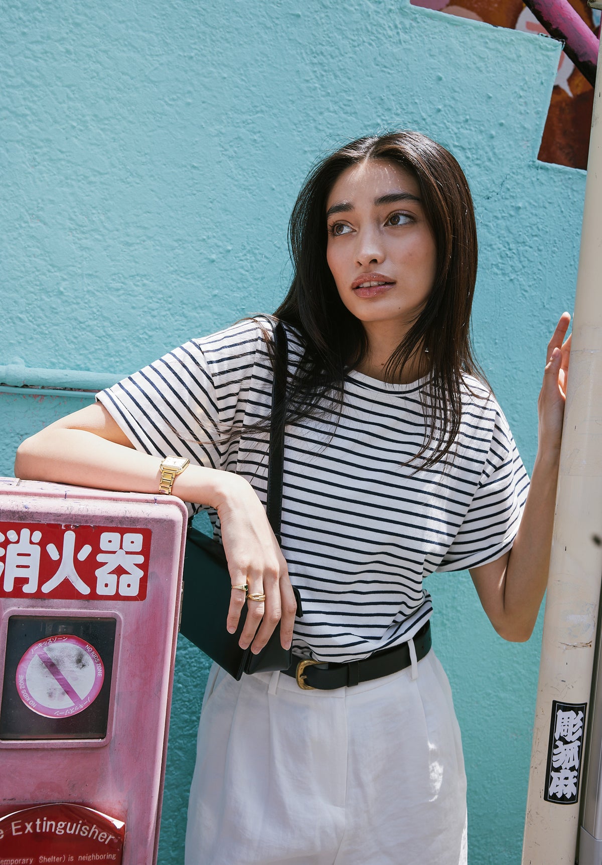 Francy-Cotton White Blue Stripes Rolled Sleeve T-Shirt