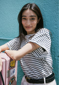 Francy-Cotton White Blue Stripes Rolled Sleeve T-Shirt