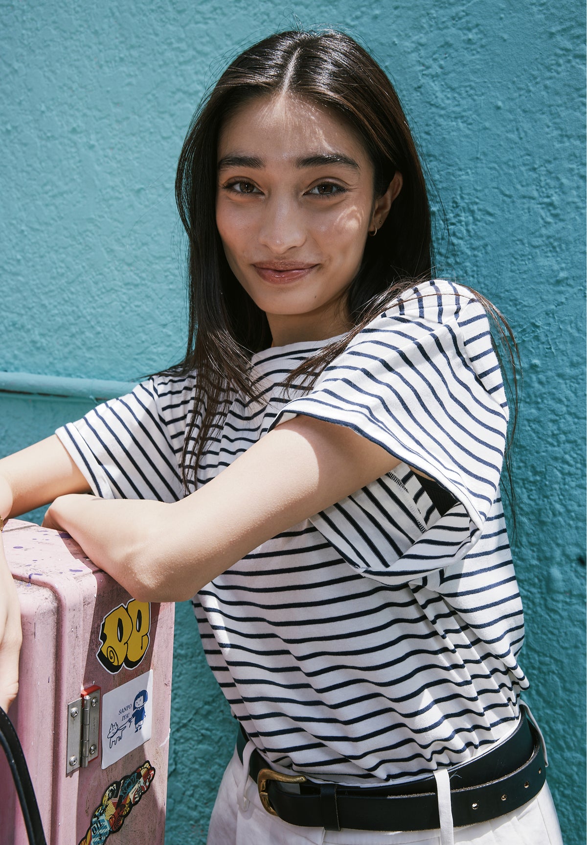 Francy-Cotton White Blue Stripes Rolled Sleeve T-Shirt