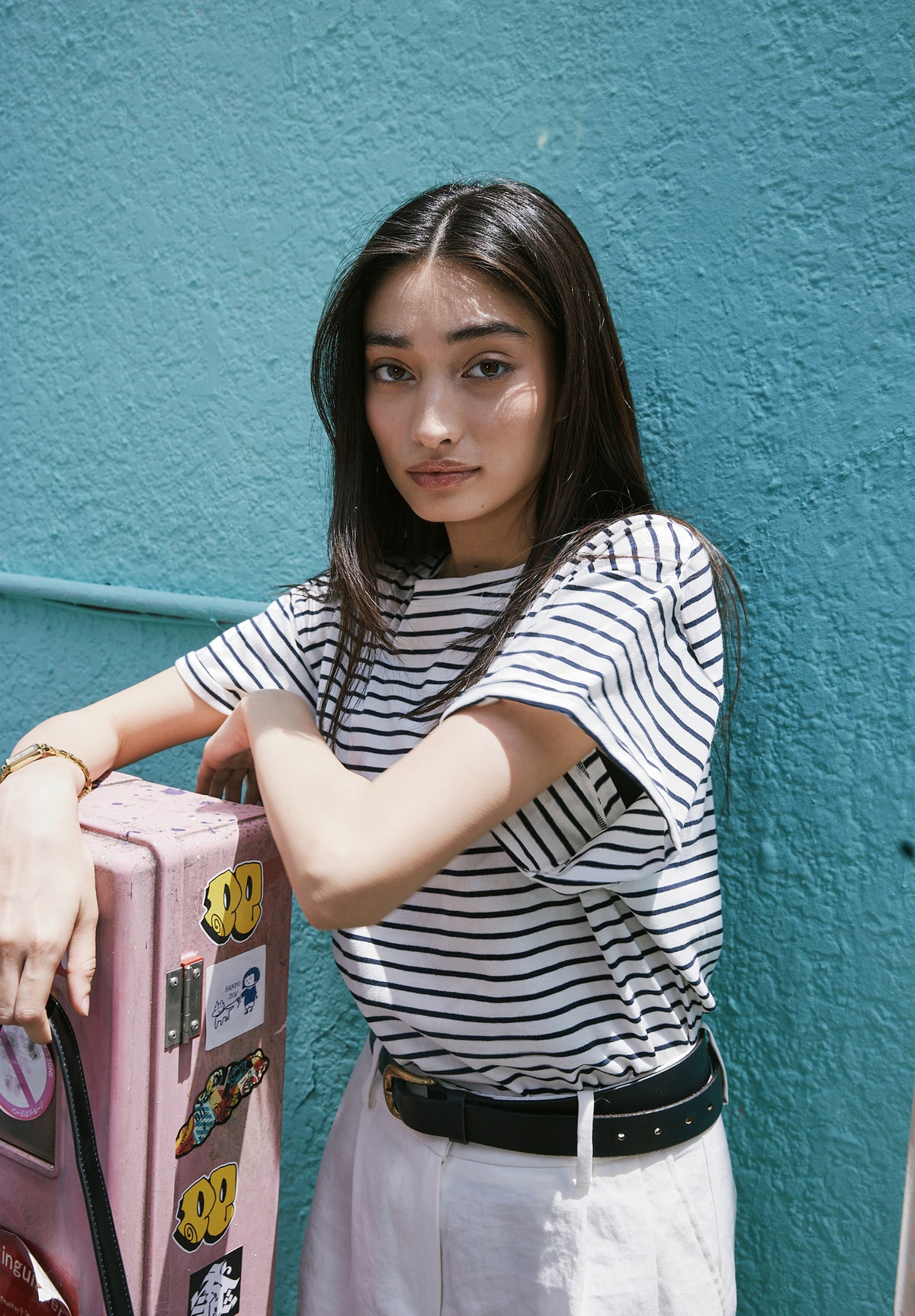 Francy-Cotton White Blue Stripes Rolled Sleeve T-Shirt