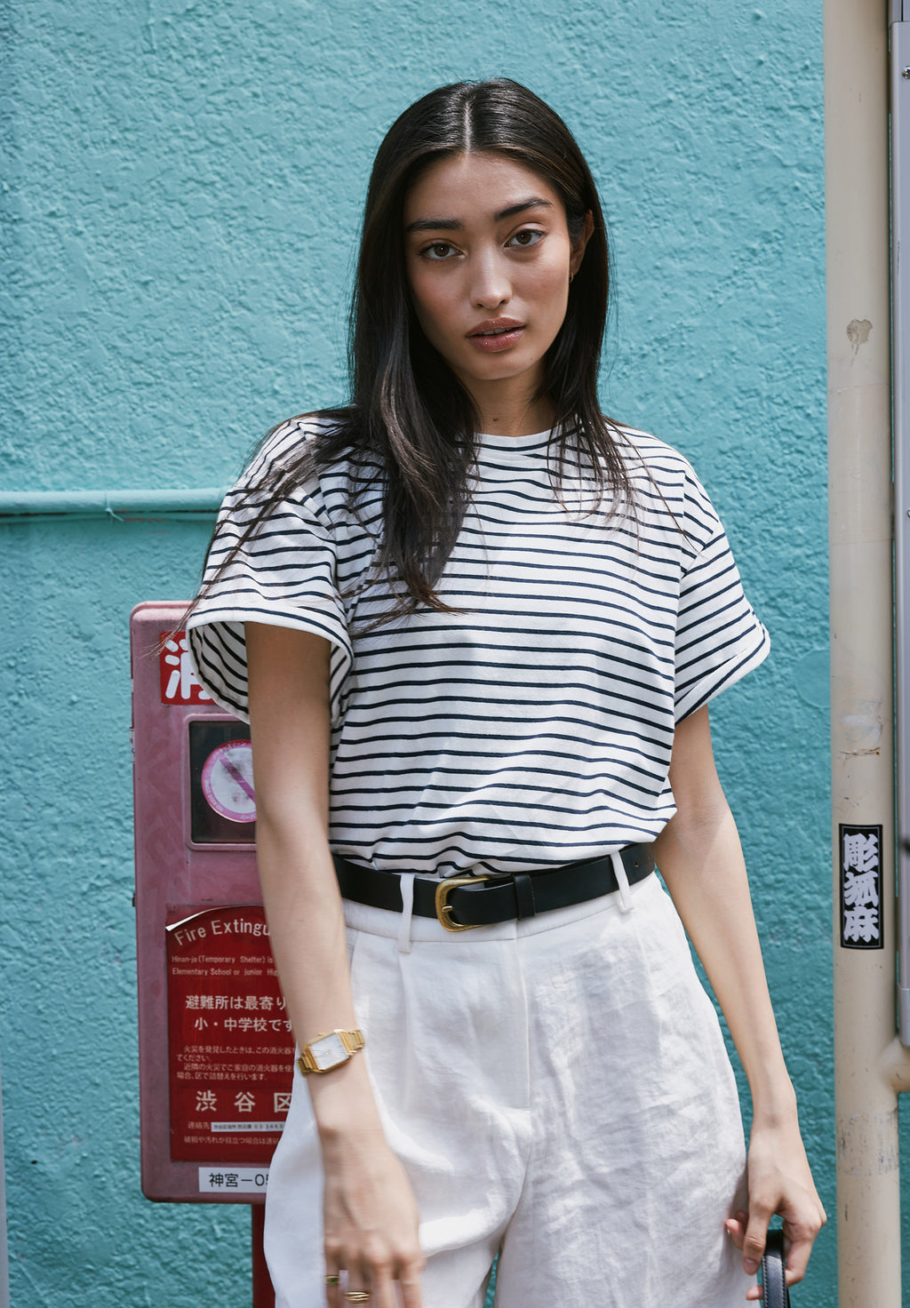 Francy-Cotton White Blue Stripes Rolled Sleeve T-Shirt