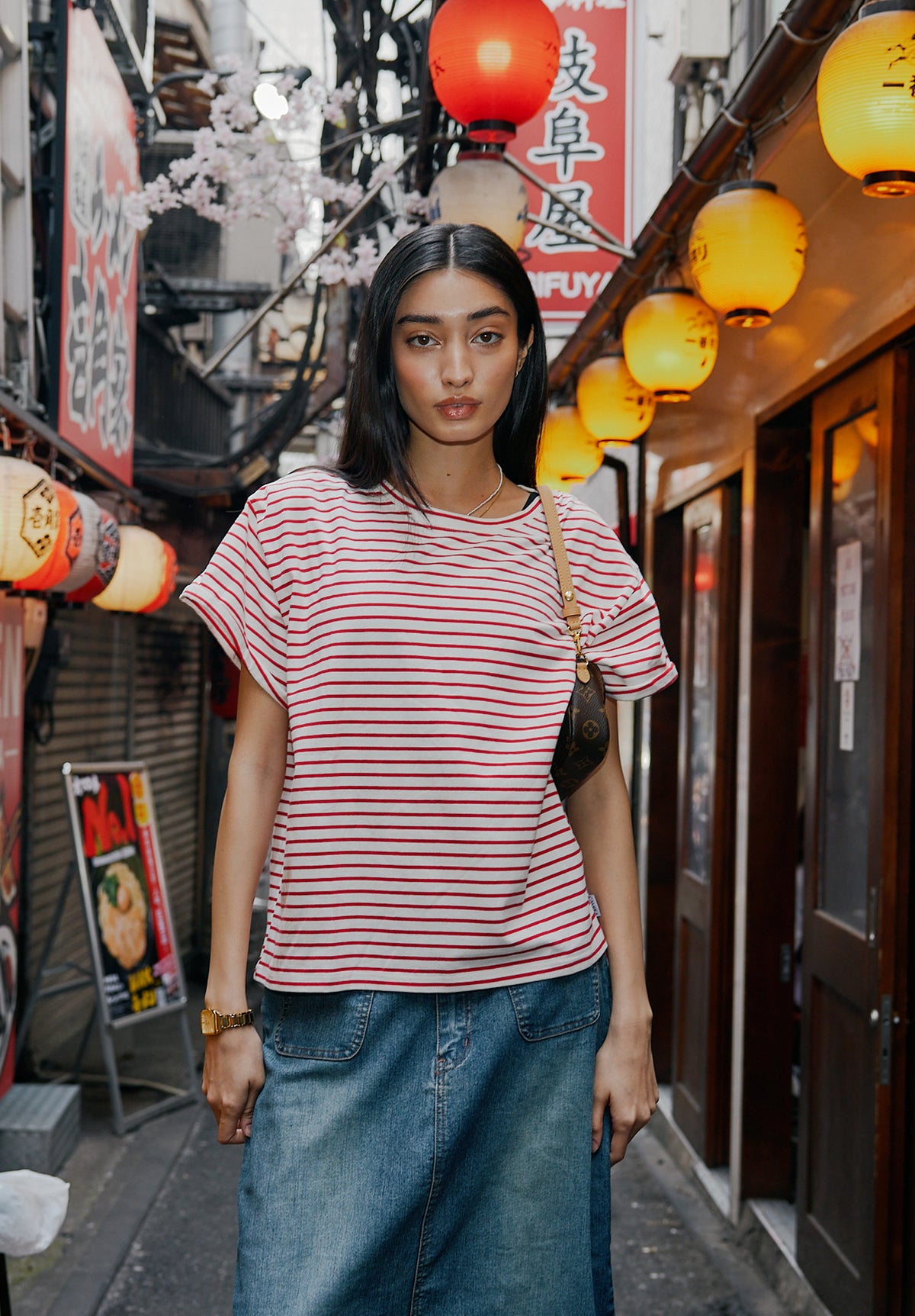 Francy-Cotton Red Stripes Rolled Sleeve T-Shirt