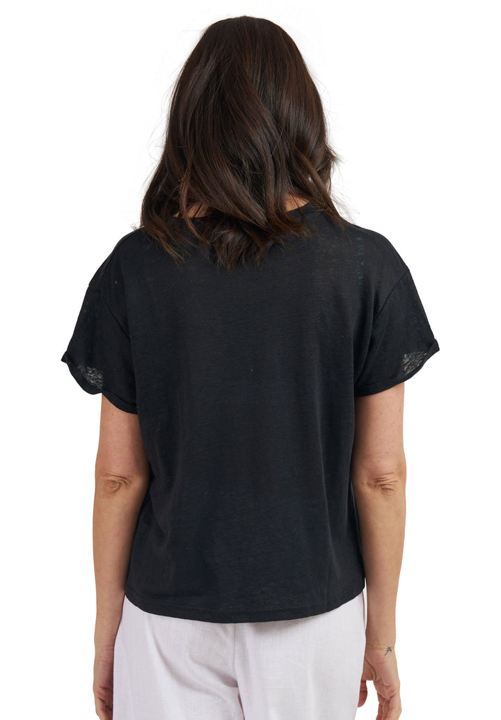 Francy-Linen Black Rolled Sleeve T-Shirt