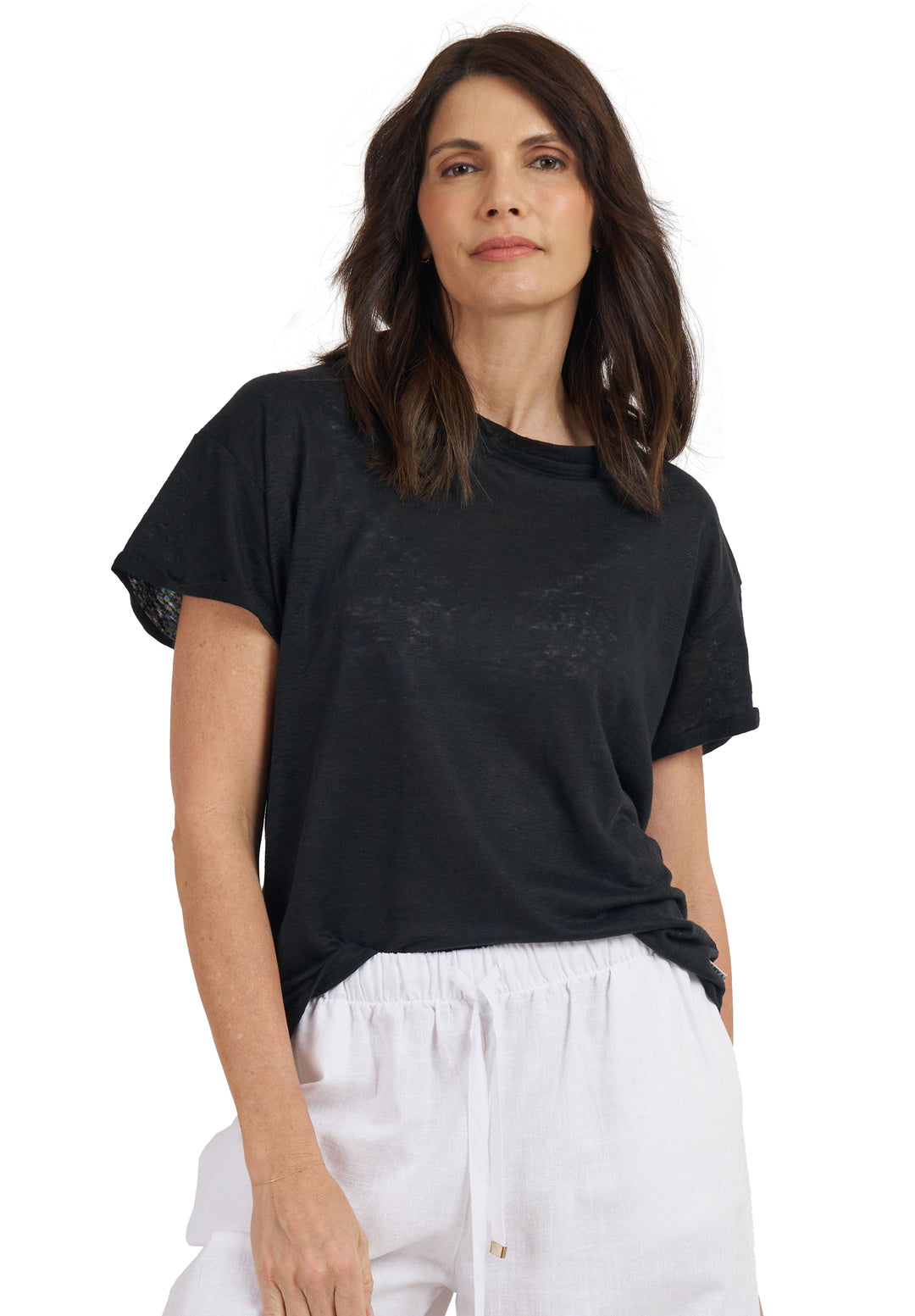 Francy-Linen Black Rolled Sleeve T-Shirt