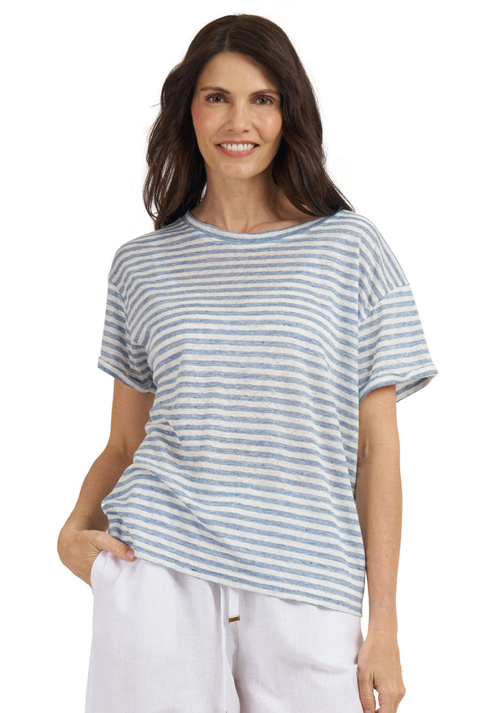 Francy-Linen Denim Stripes Rolled Sleeve T-Shirt