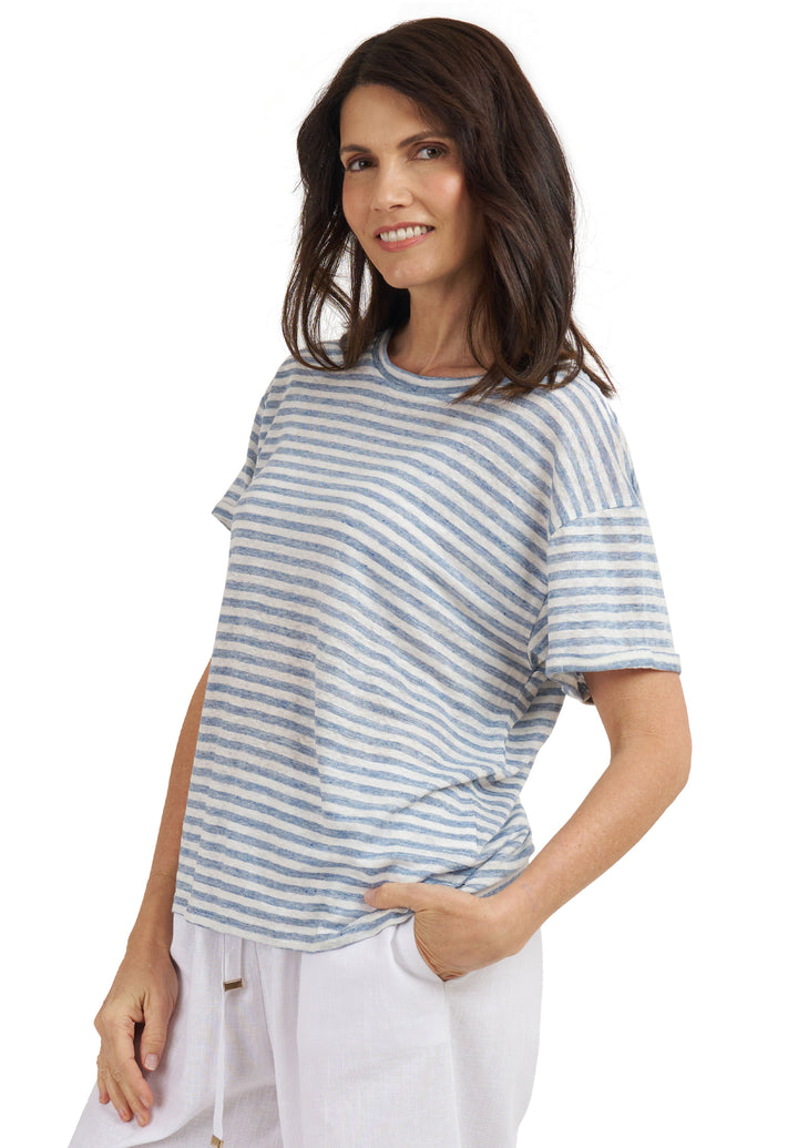 Francy-Linen Denim Stripes Rolled Sleeve T-Shirt