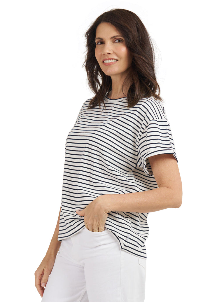 Francy-Cotton Black Stripes Rolled Sleeve T-Shirt