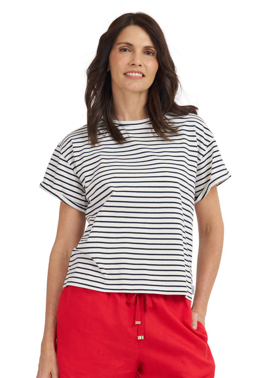 Francy-Cotton White Blue Stripes Rolled Sleeve T-Shirt