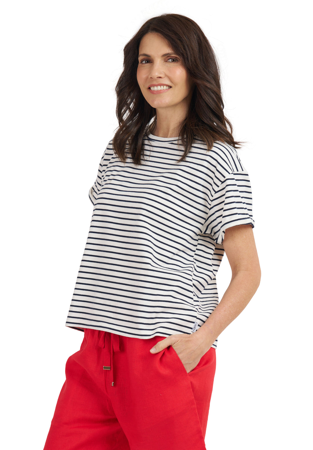 Francy-Cotton White Blue Stripes Rolled Sleeve T-Shirt