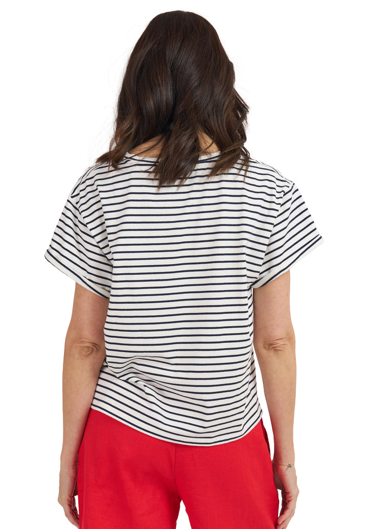 Francy-Cotton White Blue Stripes Rolled Sleeve T-Shirt