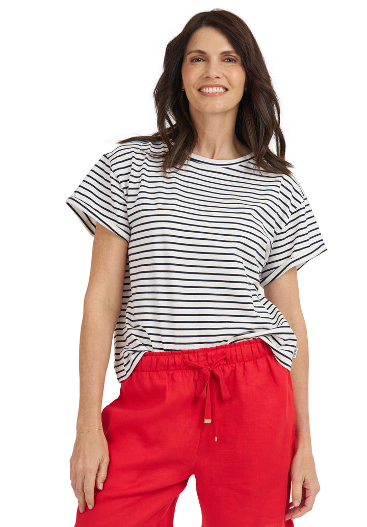 Francy-Cotton White Blue Stripes Rolled Sleeve T-Shirt