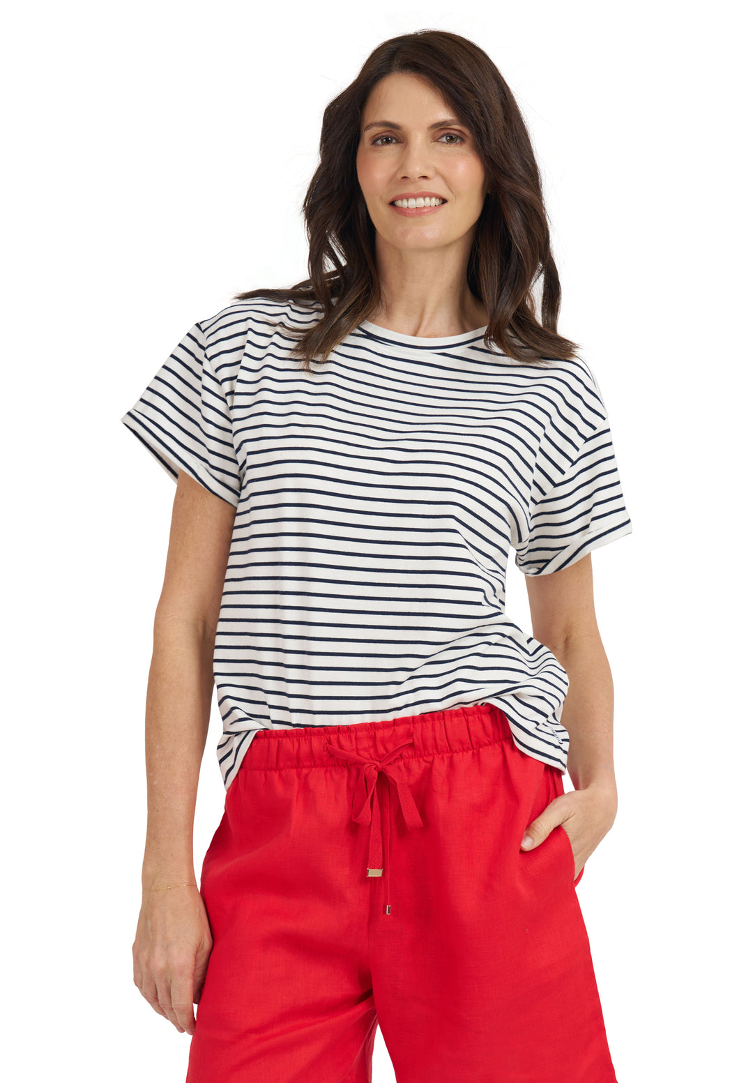 Francy-Cotton White Blue Stripes Rolled Sleeve T-Shirt