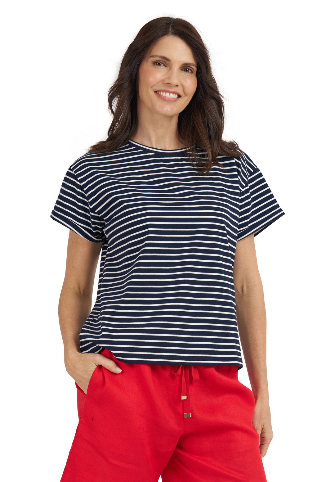 Francy-Cotton  Navy Stripes Rolled Sleeve T-Shirt