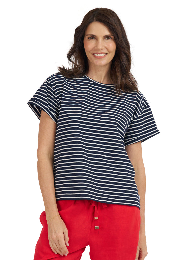 Francy-Cotton  Navy Stripes Rolled Sleeve T-Shirt