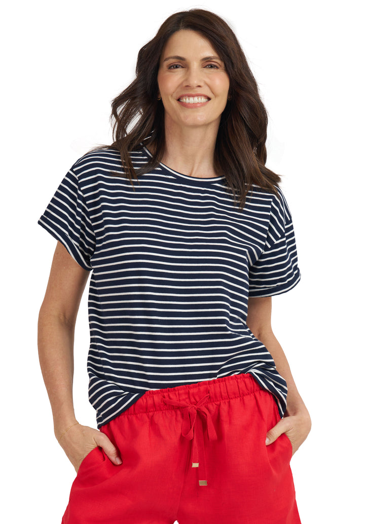 Francy-Cotton  Navy Stripes Rolled Sleeve T-Shirt