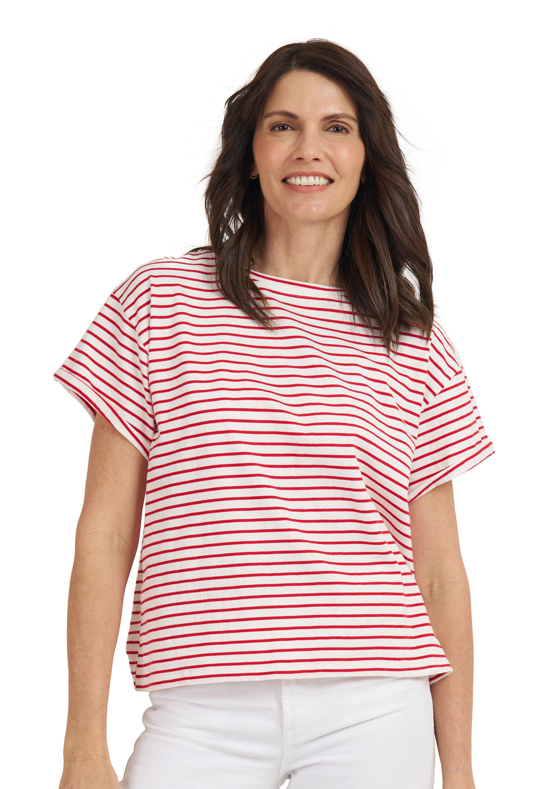 Francy-Cotton Red Stripes Rolled Sleeve T-Shirt