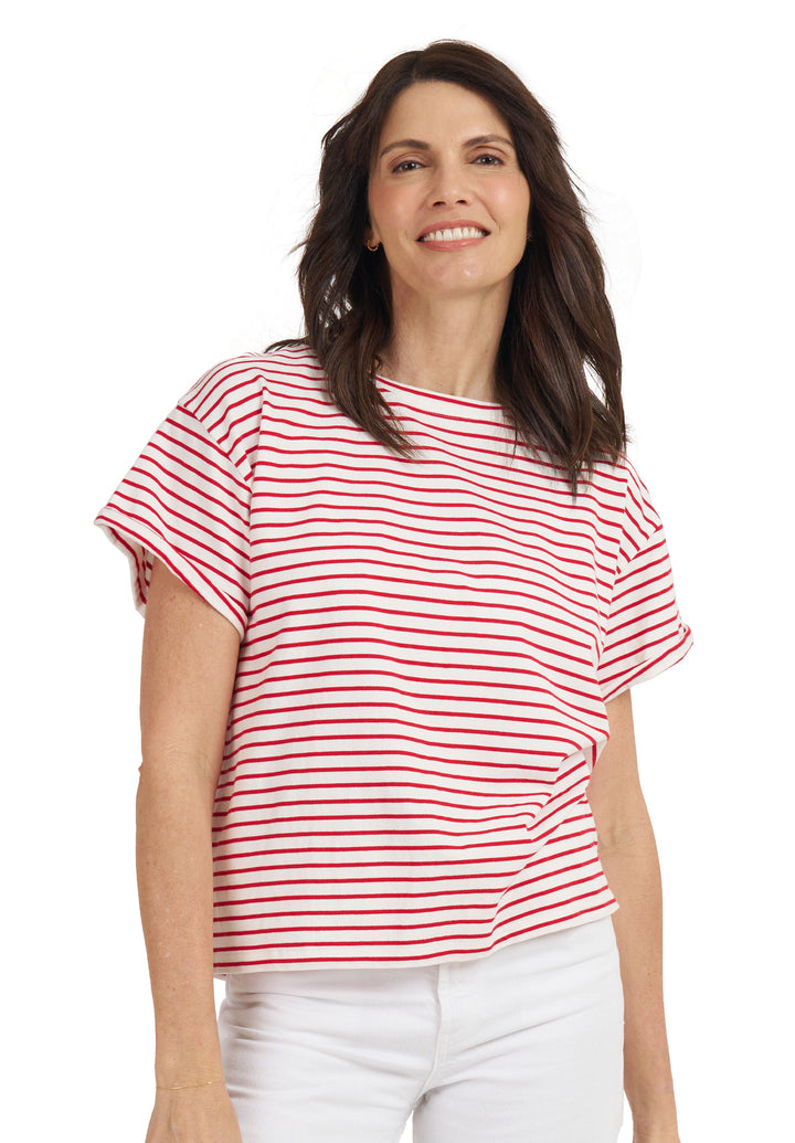 Francy-Cotton Red Stripes Rolled Sleeve T-Shirt