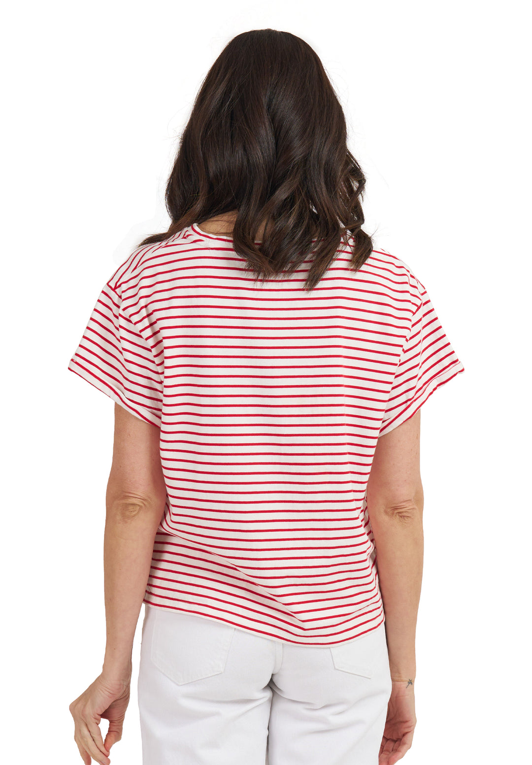 Francy-Cotton Red Stripes Rolled Sleeve T-Shirt