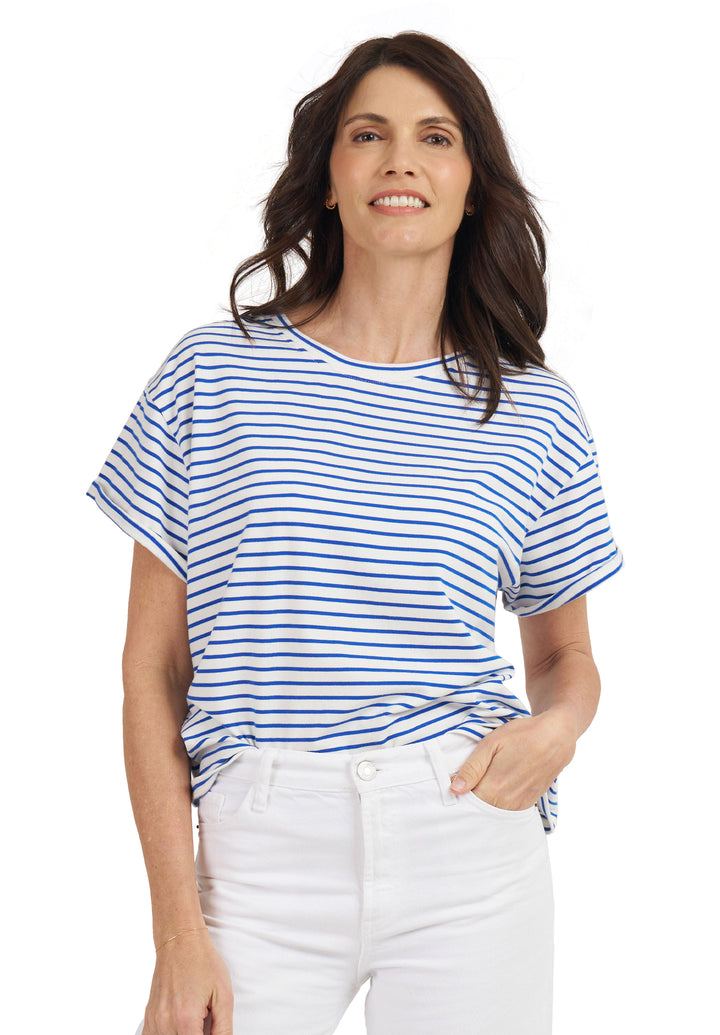 Francy-Cotton Royal Blue Stripes Rolled Sleeve T-Shirt