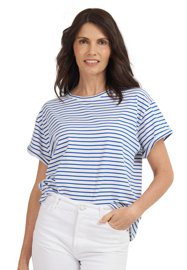 Francy-Cotton Royal Blue Stripes Rolled Sleeve T-Shirt