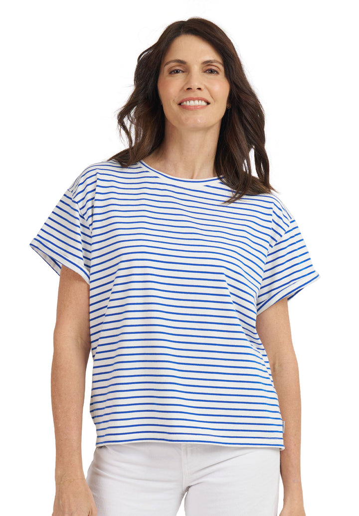 Francy-Cotton Royal Blue Stripes Rolled Sleeve T-Shirt