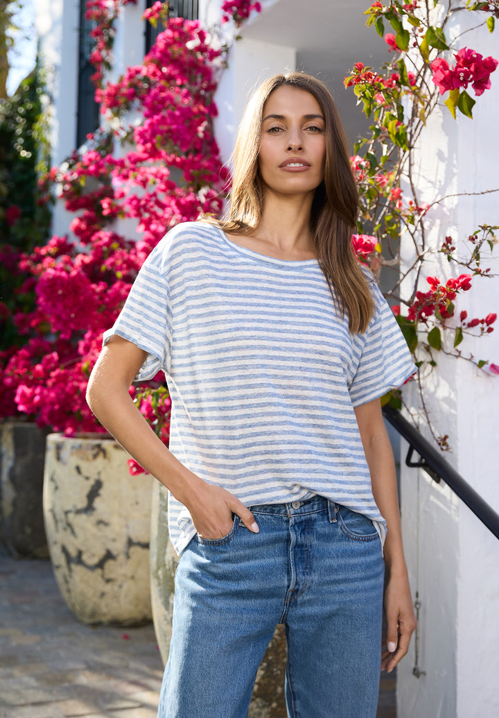 Francy-Linen Denim Stripes Rolled Sleeve T-Shirt