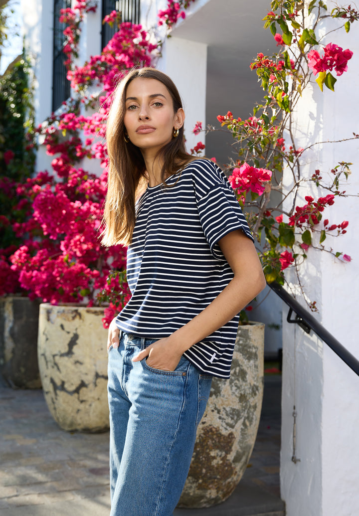 Francy-Cotton  Navy Stripes Rolled Sleeve T-Shirt