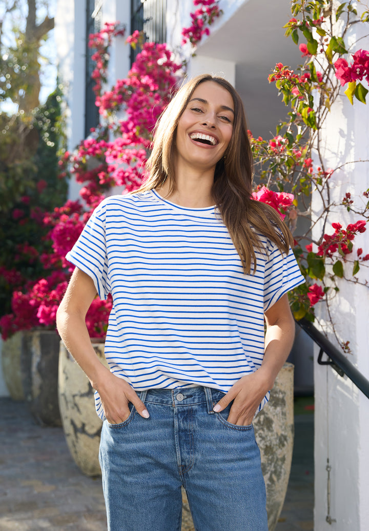 Francy-Cotton Royal Blue Stripes Rolled Sleeve T-Shirt