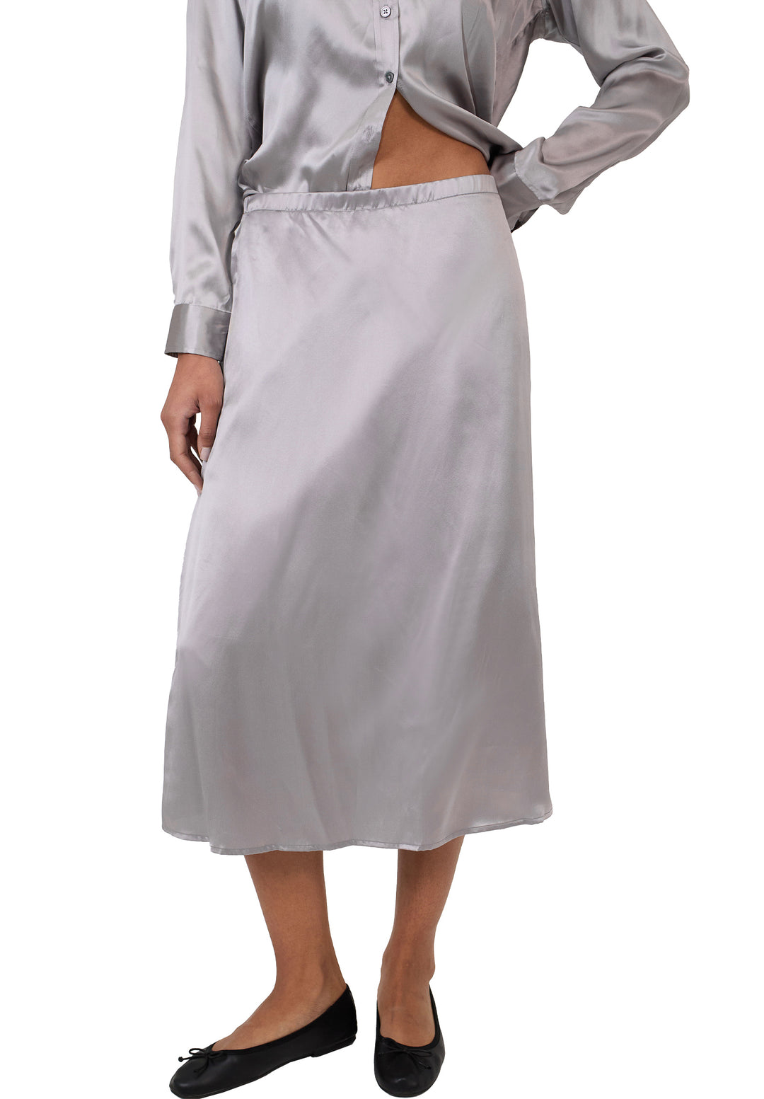 Maddie-Silk Charcoal Midi Skirt