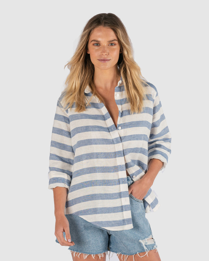 Iris Hera Blue Horizontal Stripes Classic Fit Linen Shirt