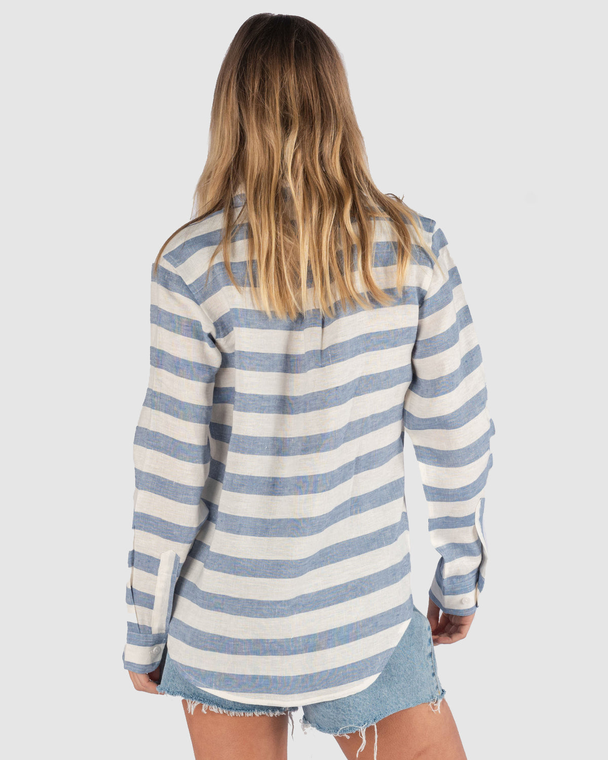 Iris Hera Blue Horizontal Stripes Classic Fit Linen Shirt