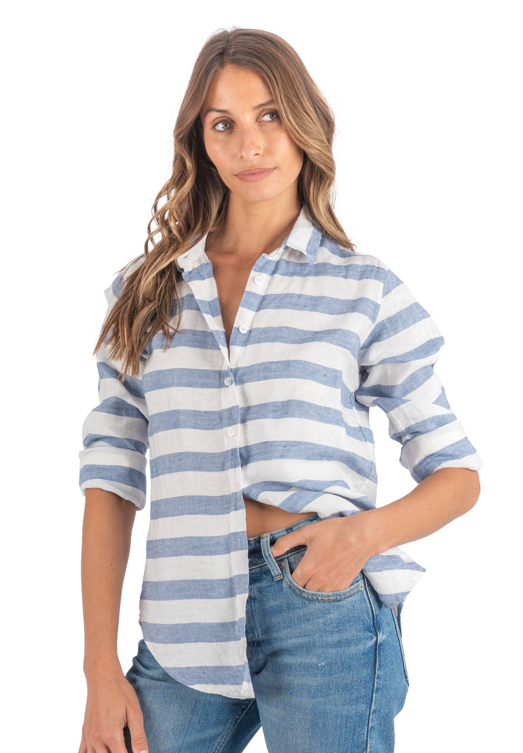 Iris Hera Blue Horizontal Stripes Classic Fit Linen Shirt