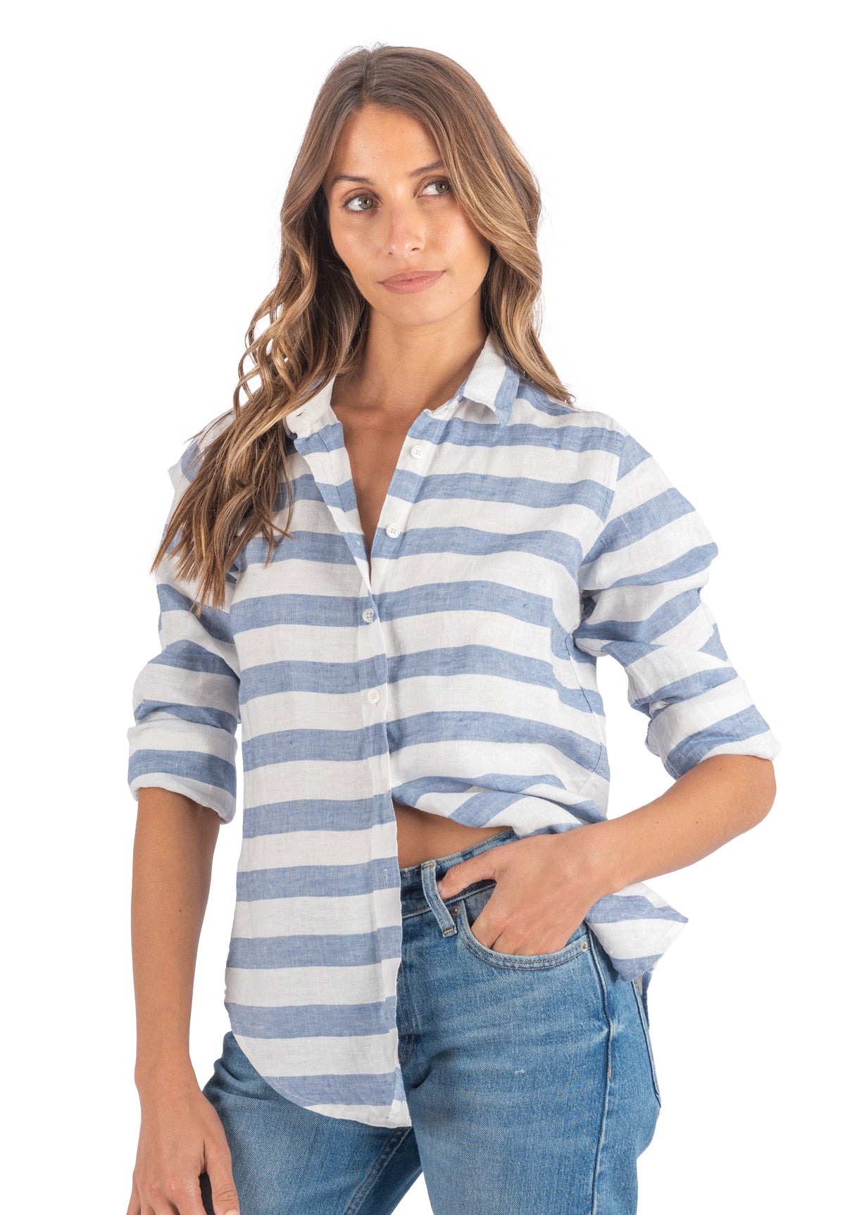 Iris Hera Blue Horizontal Stripes Classic Fit Linen Shirt