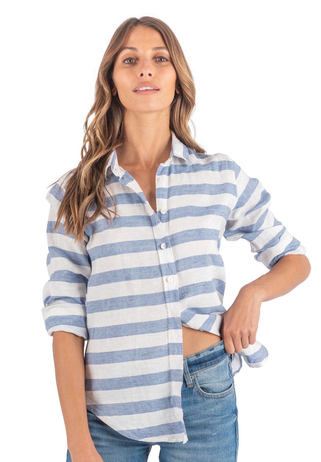 Iris Hera Blue Horizontal Stripes Classic Fit Linen Shirt