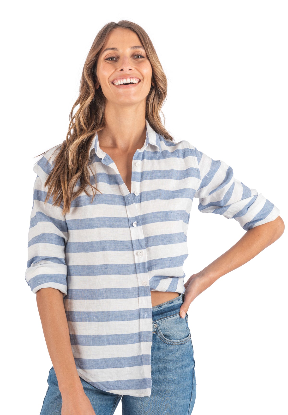 Iris Hera Blue Horizontal Stripes Classic Fit Linen Shirt